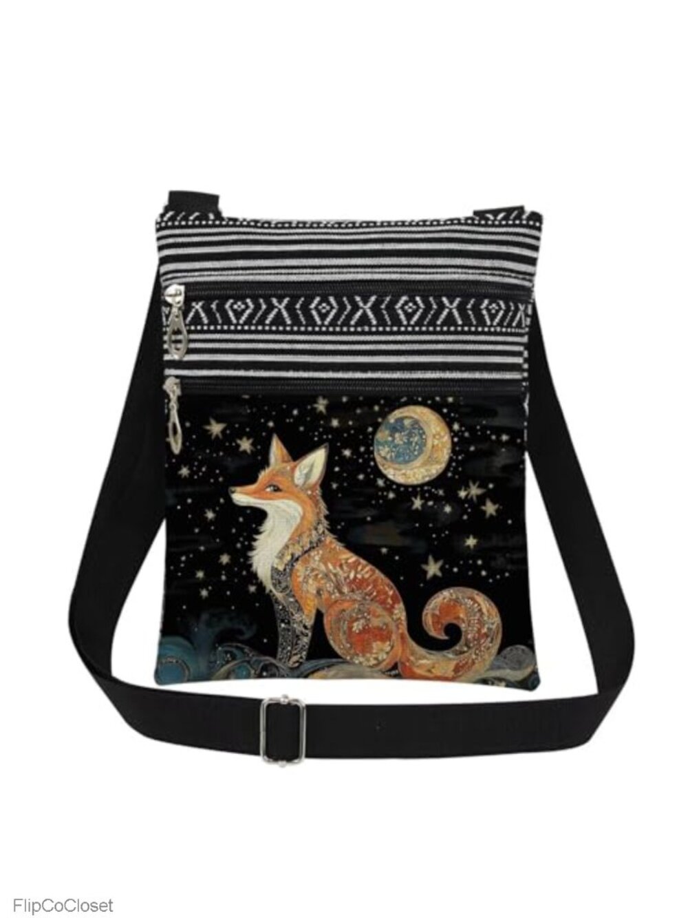 Polyester Fox Art Print Crossbody Bag Adjustable Unisex Shoulder Bag